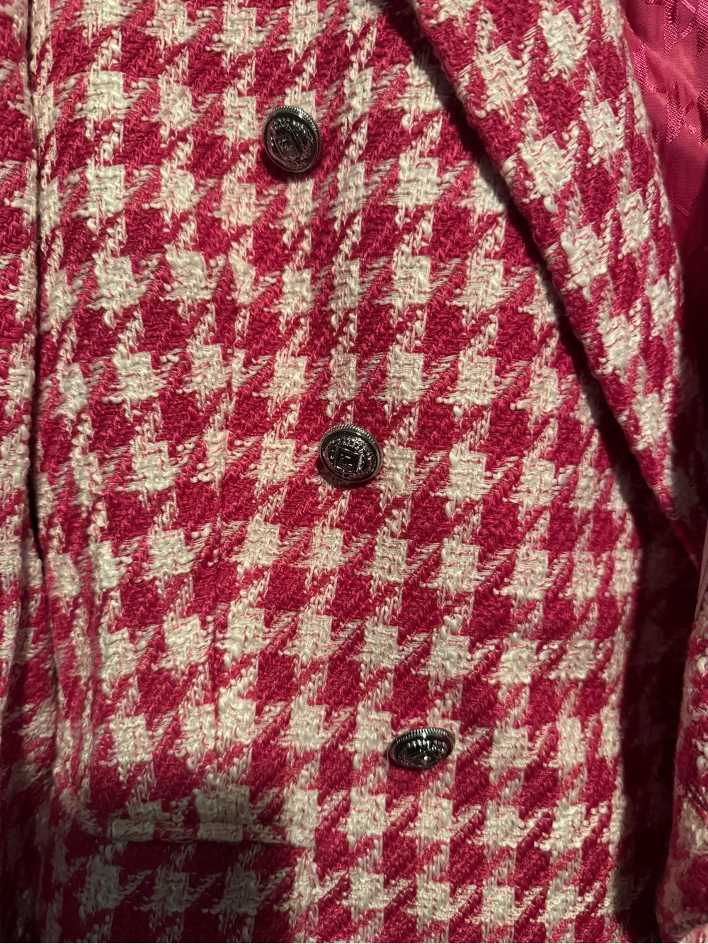 Karl Lagerfeld Paris Pink White Houndstooth Tweed Double Breasted Blazer Size 6 - Picture 4 of 9